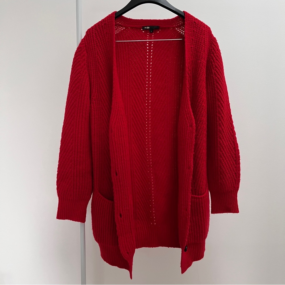 Maje Morzine wool ribbed cardigan sweater 3 pockets festive holiday Christmas